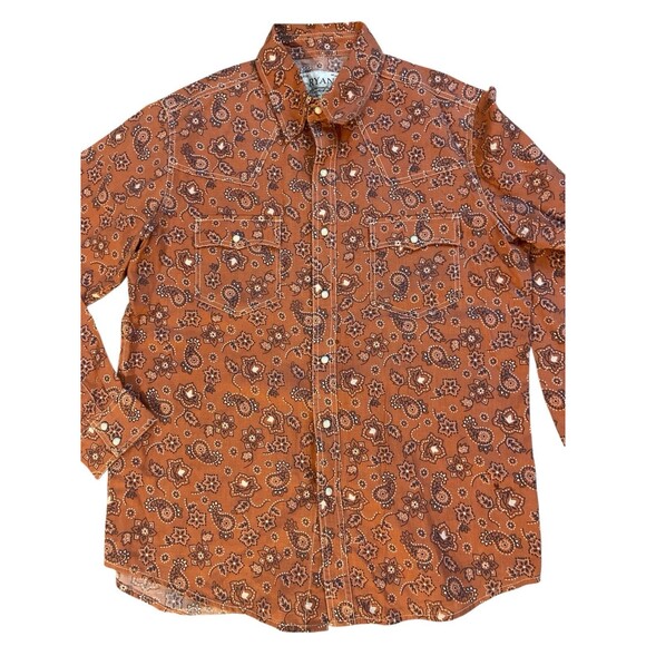 Ryan Michael Men’s L Western Snap Shirt Orange Floral Paisley Linen Pearl Snaps - Picture 3 of 11